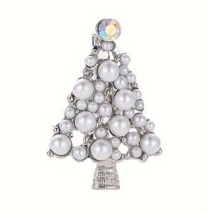 Elegant Silver Christmas‎ tree brooch with Pearls and gems